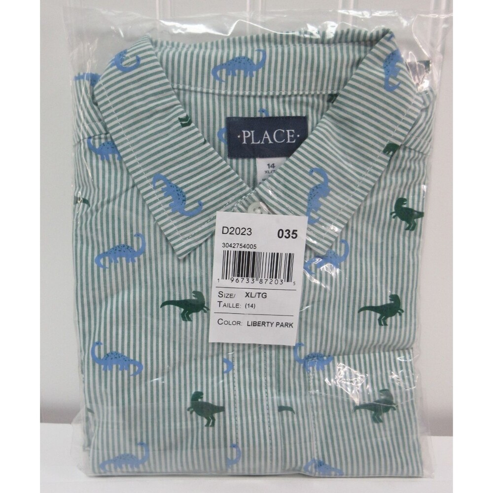 The Children’s Place Boys Striped Dino Poplin Button Up Shirt Green size 14  XL